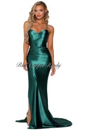 Slinky emerald green dress with a leg split and straps.