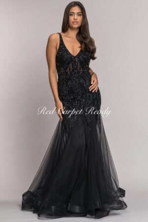 Black fishtail dress with sequin embellishments and a v-neckline.