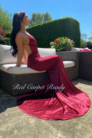 red slinky satin prom and evening dress