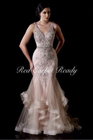 Rose fishtail dress with sequin embellishments and a v-neckline.