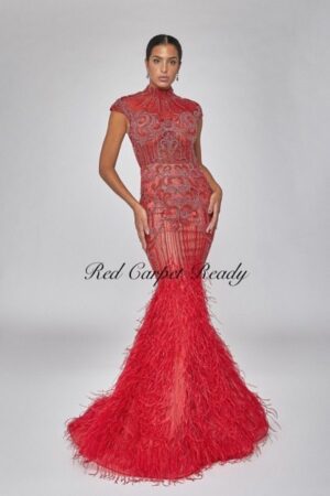 Red feathered fishtail with silver beaded embellishments and a high neckline.