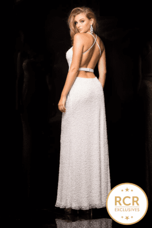 Sparkly ivory bodycon dress with a waist belt, v-neck, leg split and straps.