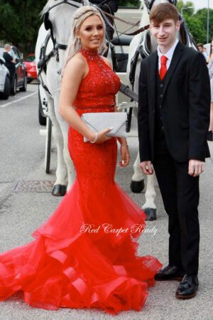 Red halterneck prom and evening dress