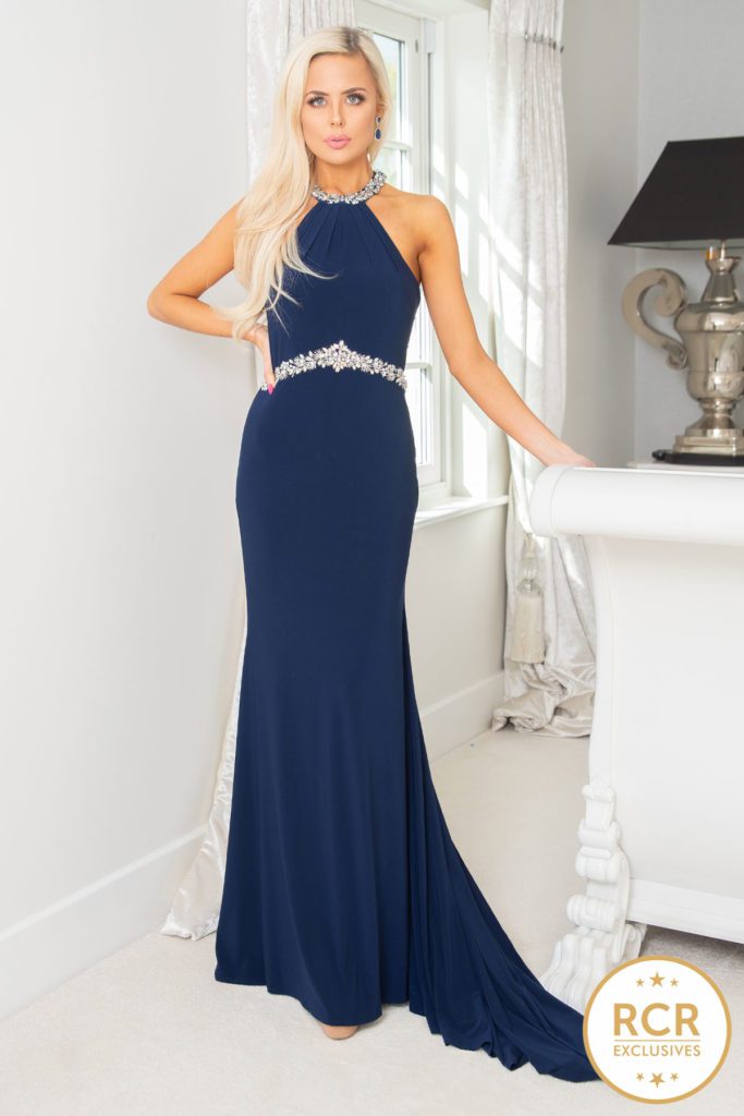 Sleeveless navy bodycon dress with silver crystal embellishments to the neckline and waist.