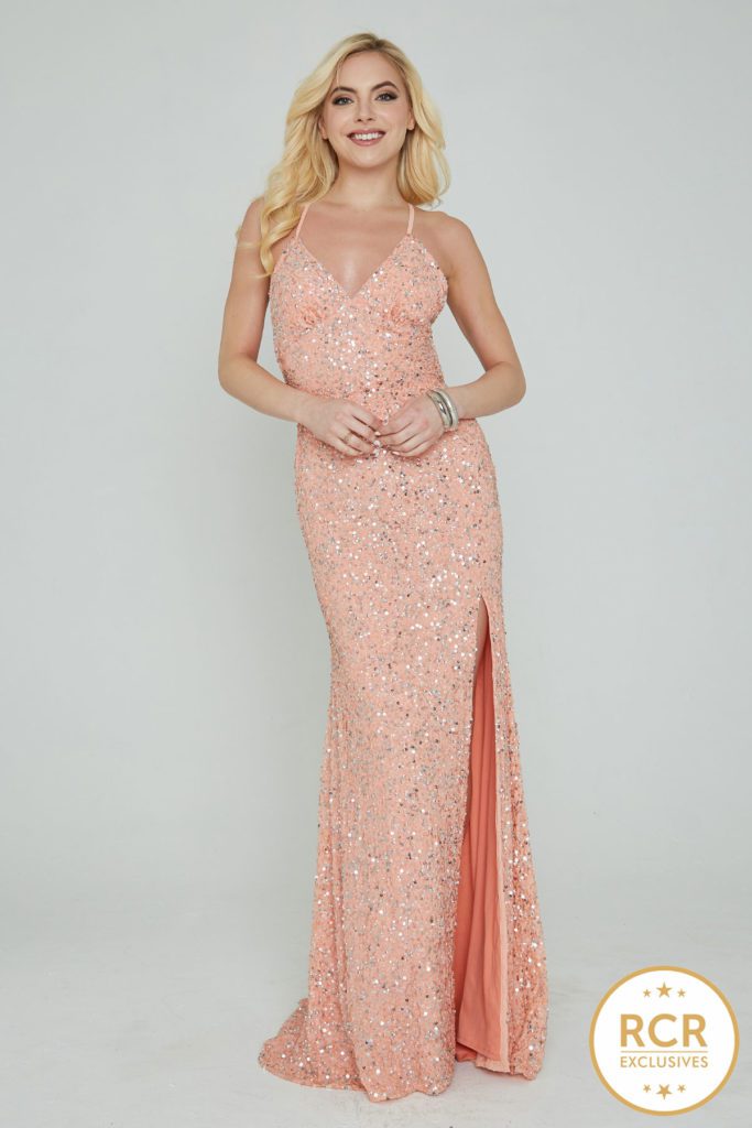 Sleeveless sparkly bodycon dress with sequin embellishments, a low-cut v-neck, leg split and straps.