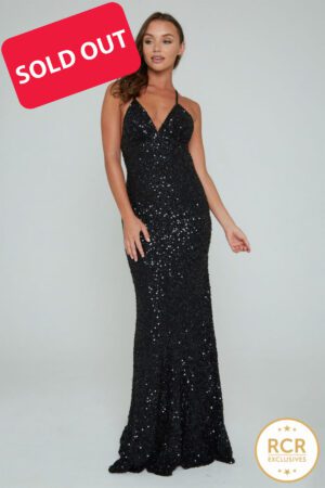Sleeveless sparkly bodycon dress with sequin embellishments and a low-cut v-neck and straps.