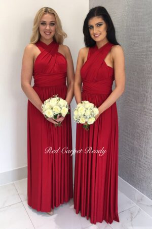 Red sleeveless a-line bridesmaids dress.