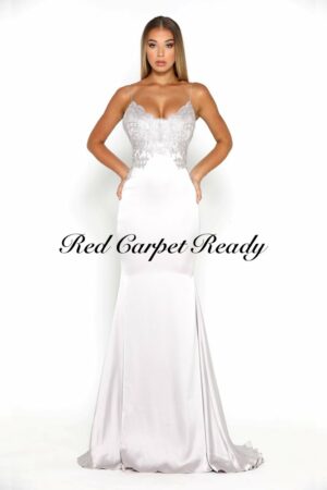 Slinky white dress with a silver lace bodice and straps.