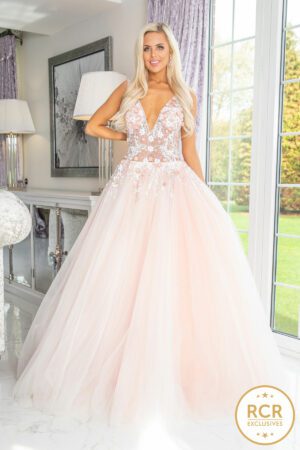 Blush pink ballgown with a floral embroidered bodice and low-cut v-neck.