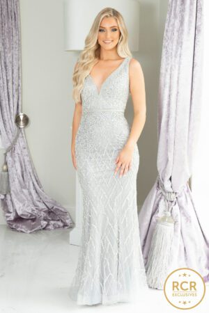 Silver bodycon dress with sequin embellishments and a low-cut v-neck.