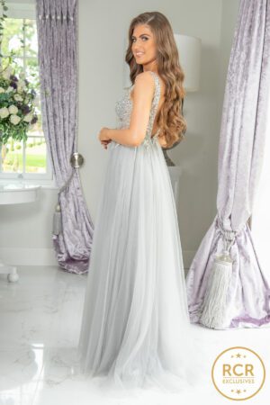 Silver a-line dress with crystal embellishments to the bodice and an open back.