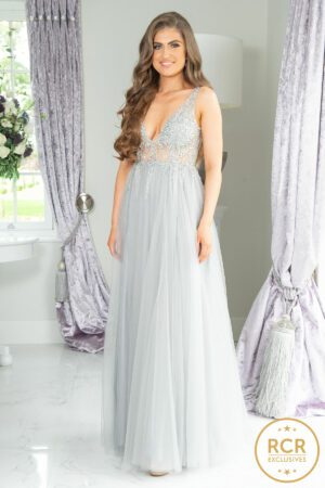 Silver a-line dress with crystal embellishments to the bodice and cut with a v-neck.