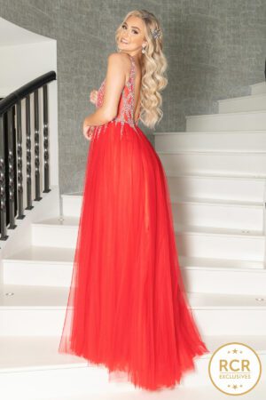Red a-line dress with crystal embellishments to the bodice and an open back.