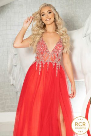 Red a-line dress with crystal embellishments to the bodice and cut with a v-neck.