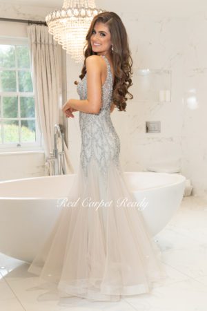 Silver fishtail dress with crystal embellishments to the bodice and a v-neck.