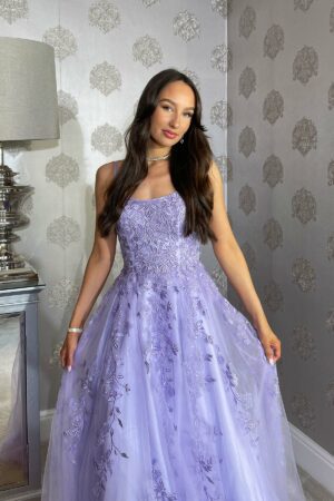 Lilac A-line dress with floral embroidery and sparkly sequin detailing.