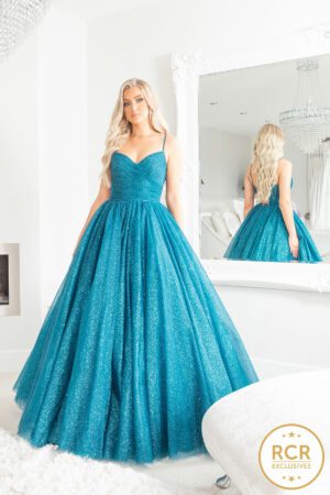 Sparkly teal ballgown with a v-neck and straps.