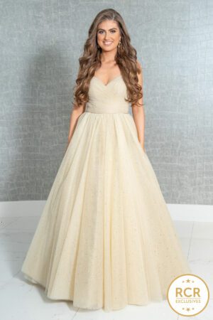 Gold sparkly ballgown with a v-neck and straps.