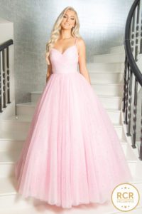 Blush pink sparkly ballgown with a v-neck and straps.