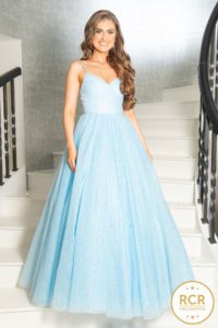 Light blue sparkly ballgown with a v-neck and straps.