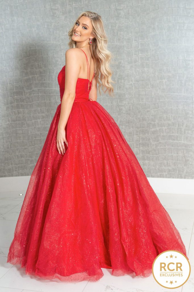 Sparkly red ballgown with straps.