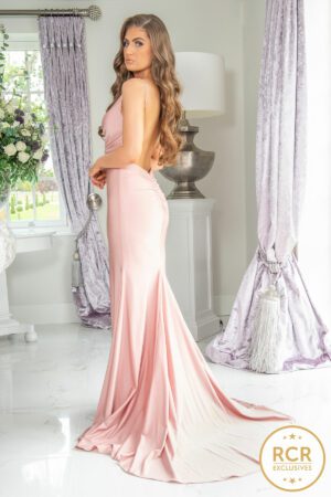 Blush bodycon dress with a train, open back and straps.
