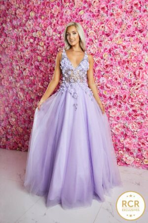 Floral embroidered lilac A-line dress with a v-neck.