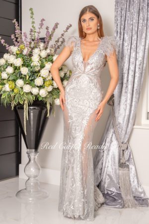 Silver bodycon dress with embroidery detailing and feathered shoulders surrounding a plunging v-neck.