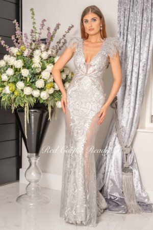 Silver bodycon dress with embroidery detailing and feathered shoulders surrounding a plunging v-neck.