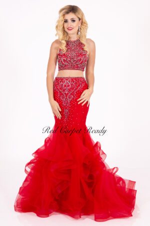 Two piece red fishtail with silver sequin embellishments and a high neckline.