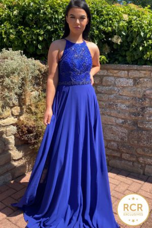 Royal blue sleeveless A-line dress with a high neckline and sequin embellished bodice.