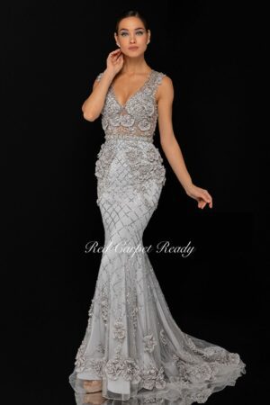 Rose embellished silver couture dress with a train and v-neck.