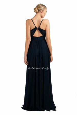 Sleeveless a-line bridesmaids dress in navy with a keyhole back and straps.