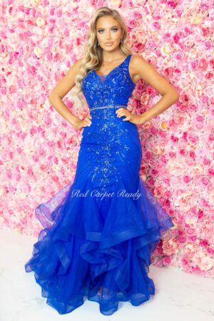Royal blue sleeveless fishtail dress with a v-neck, waist belt and sequin embellishments.