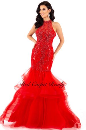 Red fishtail with sequin embellishments and a high neckline.