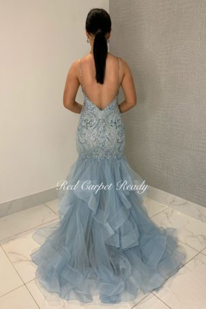 Light blue fishtail with a embroidery detailing, an open back and straps.