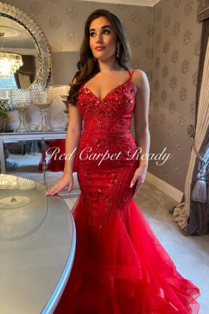Red fishtail dress with sequin embellishments, v-neck and straps.