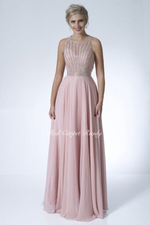 Sleeveless a-line dress with a waist belt and silver detailing to the bodice.