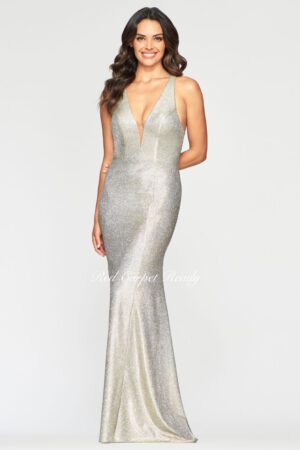 Silver mermaid dress with a v-neck and straps.