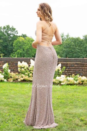 Tight fitting maxi length dress with crystal beading throughout and a lace up back.