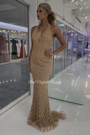 Sparkly gold tight fitting maxi dress with sparkly detailing and a low-cut v-neck.