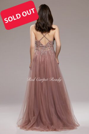 Maxi length a-line dress with sequin embellishments to the bodice, an open back and straps.
