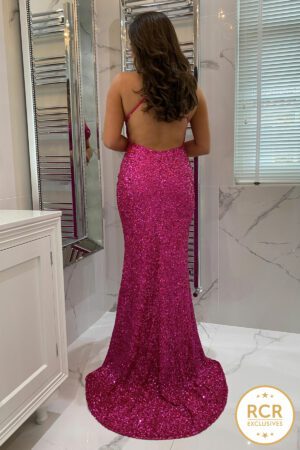 Sleeveless sparkly bodycon dress with sequin embellishments and an open back and straps.