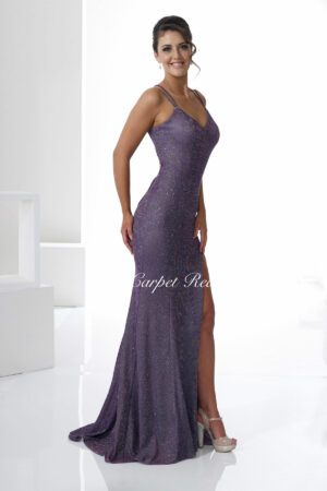 Sparkly purple bodycon dress with a leg split, v-neck and straps.