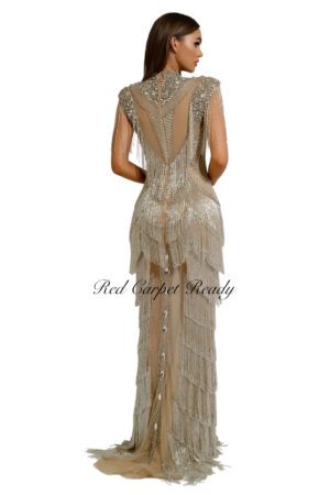 Silver and nude sleeveless couture dress with crystal embellishments and a high neckline.