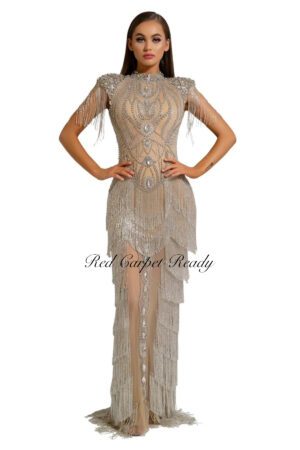 Silver and nude sleeveless couture dress with crystal embellishments and a high neckline.
