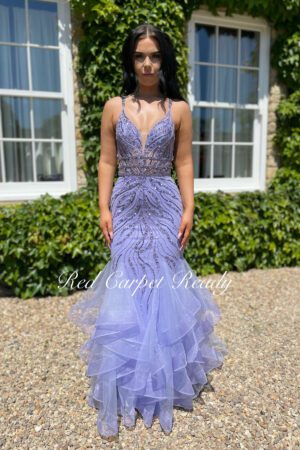 Lilac Fishtail with intricate sequin embellishments and strappy open-back detailing.