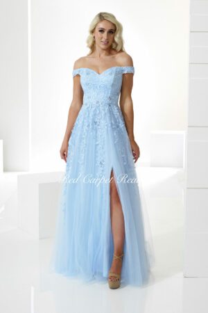 Floral embroidered light blue A-line dress with a corset bodice and off-the-shoulder straps.