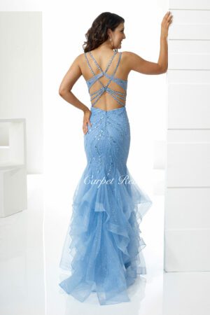 Floral embroidered sparkly blue fishtail with a corset back and straps.