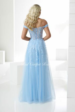 Floral embroidered light blue A-line dress with a corset bodice and off-the-shoulder straps.